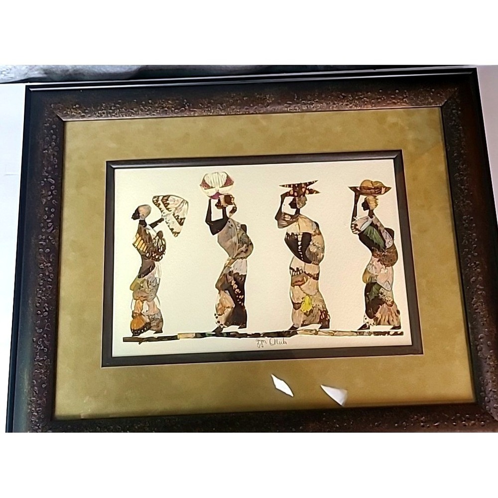 Vintage African Butterfly Wing Art Framed Collage Signed Earth Tones J.J. Oluke